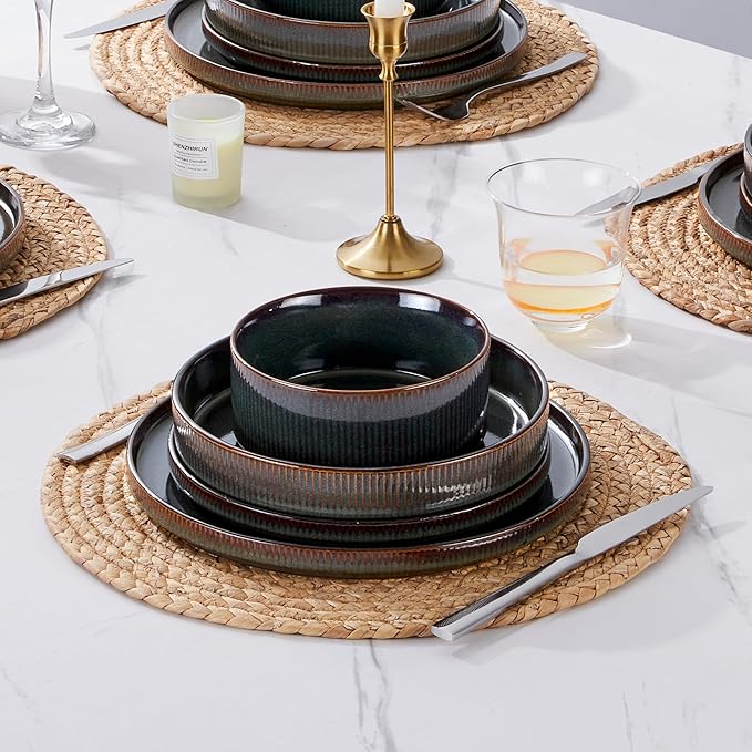 E-far 16 Piece Dinnerware Sets, Plates and Bowls with Pasta Bowls Service for 4, Modern Stoneware Ribbed Dishes for Kitchen Dining, Microwave & Dishwasher Safe, Blackish Green