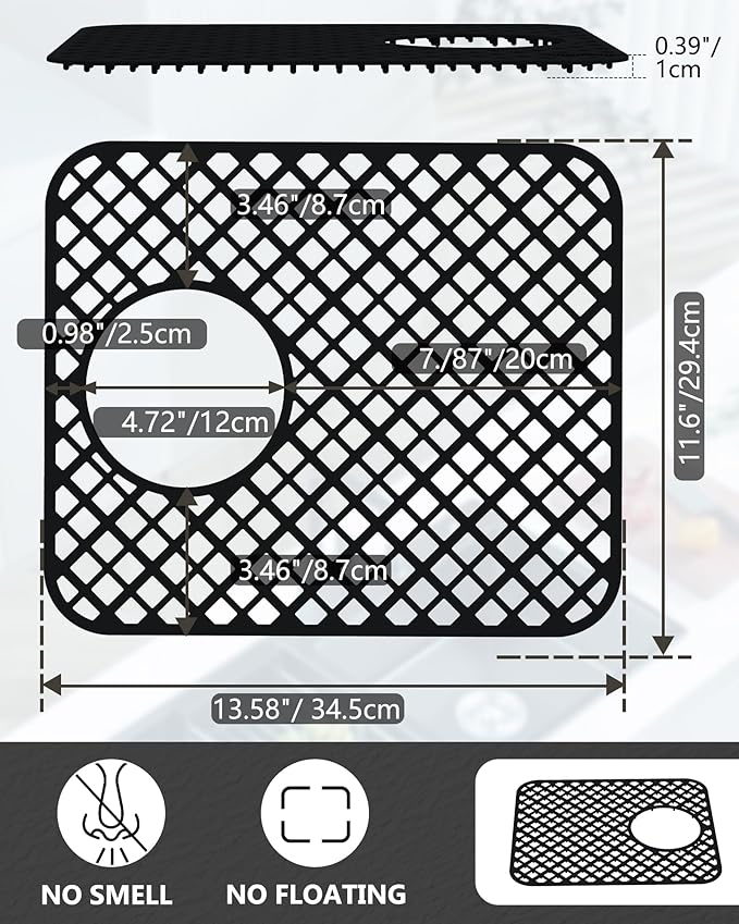2 Pack Silicone Sink Protectors for Kitchen Sink, Lozenge Pattern 13 x 11 Inches Sink Mat, Non-Slip and Durable Sink Protector Silicone, Rear Drain, Black