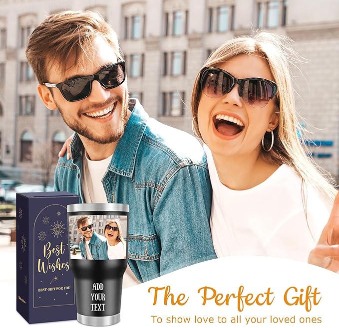Personalized 30oz Tumbler with Pictures, Custom Insulated Tumblers with Logo, Stainless Steel Travel Coffee Mug, Personalized Gifts for Women Men Birthday Fathers Day Mothers Day