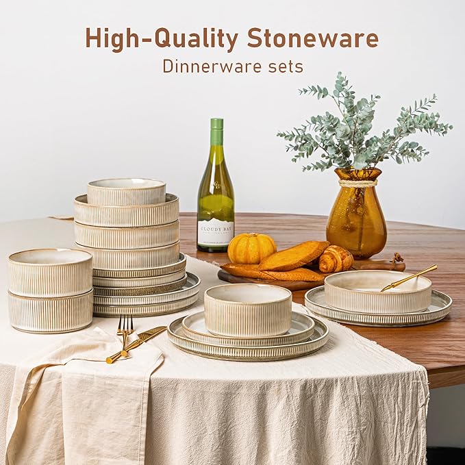 GBHOME Stoneware Dinnerware Sets for 6,Round Reactive Glaze Ceramic Plates and Bowls Set,Highly Scratch Resistant | Dishwasher & Microwave Safe Dishes Set,Service for 6(18Pcs)，Cappuccino