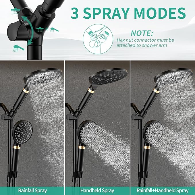 Filtered Rainfall Shower Head with Handheld Spray Combo, Dual Shower Head Combo High Pressure, Double Sprayer Filter Shower Head with Extra Long Hose & Adjustable Shower Arm (Black)