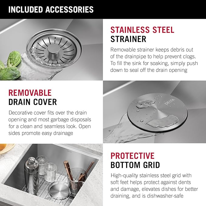 DELTA FAUCET Rivet 17-inch Workstation Bar Prep Kitchen Sink Undermount 16 Gauge Stainless Steel Single Bowl with WorkFlow Ledge and Kit of 5 Accessories, 95B9031-17S-SS