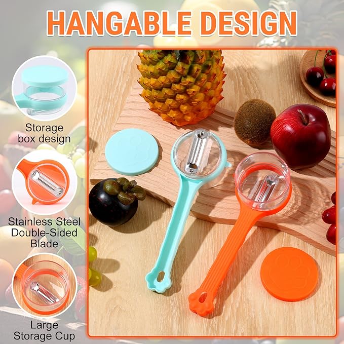 Vegetable peelers for kitchen, Upgrade Fruit Peeler with Catcher Peeler with Storage Bucket, Double-Sided Stainless Steel Multi-Function Peelers (Orange+Blue)