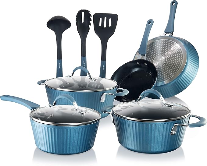 NutriChef NCCW11BL Nonstick Cookware Excilon |Home Kitchen Ware Pots & Pan Set with Saucepan, Frying Pans, Cooking Pots, Lids, Utensil PTFE/PFOA/PFOS free, 11 Pcs, Blue