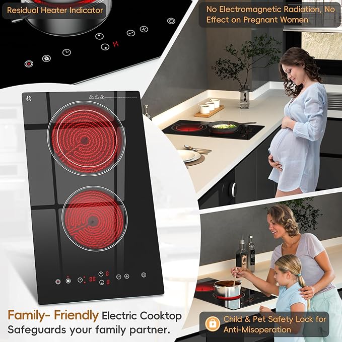 Electric Cooktop 2 Burner, 3200W Radiant Electric Stove Top 240V with Built-in Design, 12 inch Touch Control Ceramic Cooktop with Safety Lock, 9 Level Power, Timer - Hard Wire