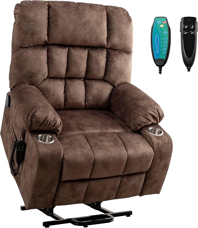 Dual Motor Power Lift Recliner Chair for Big and Tall Elderly Adults Electric Lay Flat Recliner, Stand Up Lift Chairs Recliners with Massage Heat, Cup Holders, Side Pockets, Lumbar Pillow
