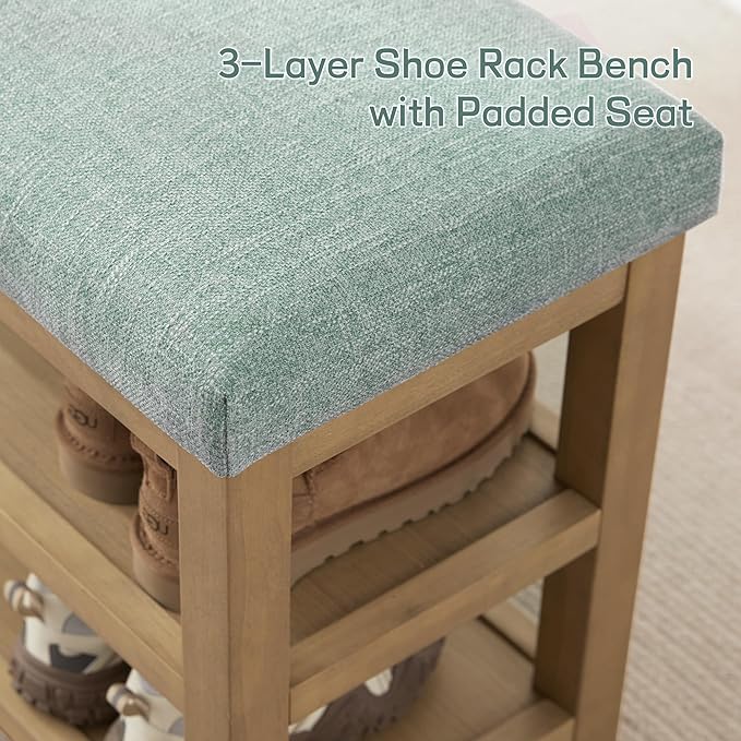 Shoe Rack Bench with Cushion, 2 Tier Solid Wood Storage Bench, Mid-Century Modern Shoe Bench for Entryway, Hallway, Closet, Front Door Entrance, Foyer (Teal, 46.5")