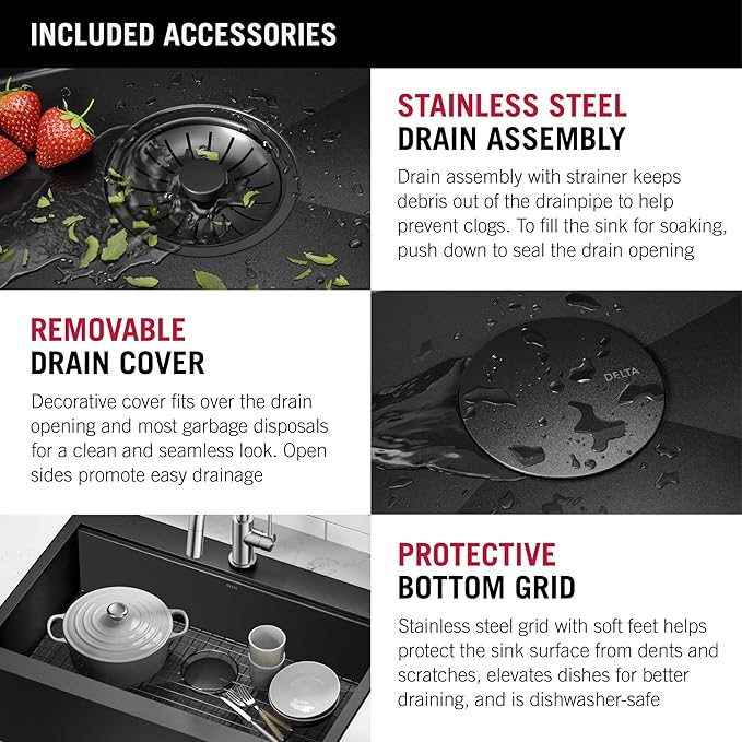 DELTA FAUCET Rivet 30 Inch Black Stainless Steel Retrofit Farmhouse Apron Front 16 Gauge Workstation Kitchen Sink/PVD Gunmetal Finish w/ Accessories for Top Mount Drop-In Installation,95D9031-T30S-GS