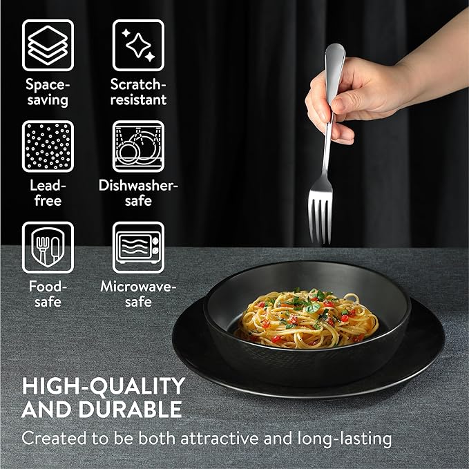 Navaris Linen Artisan Stoneware Dinnerware Set (18 Pieces) - Dishwasher & Microwave Safe Plates & Bowls for 6 with Dinner, Side Plates & Pasta Bowls - Charcoal Black