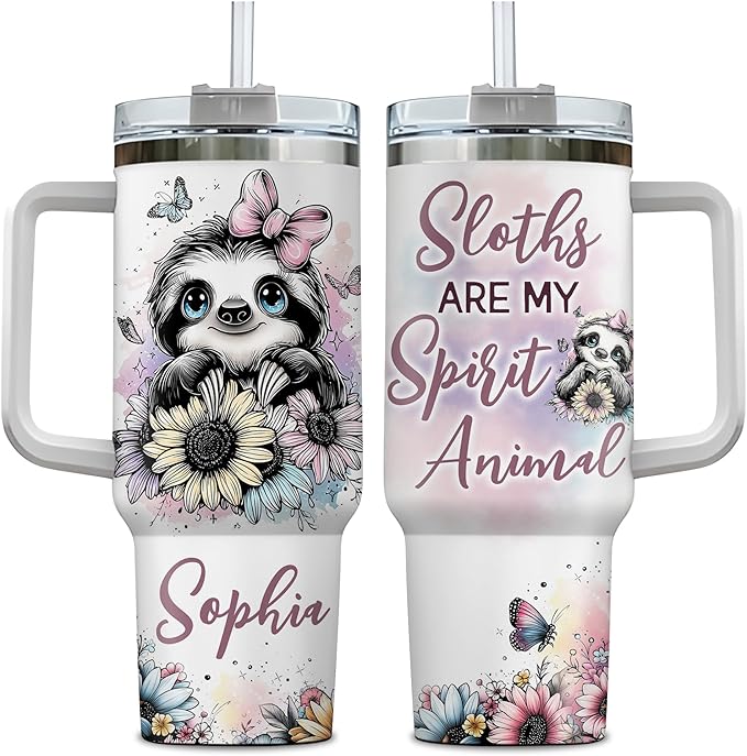 Personalized Sloth 40oz Tumbler with Handle and Straw Gifts for Animal Lovers, Sloth Lovers Gifts for Girl Women, Unique Birthday Christmas Gift Idea, Custom Name Stainless Steel Travel Cup