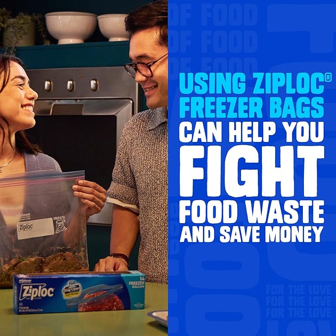 Ziploc Quart Food Storage Freezer Bags, Grip 'n Seal Technology for Easier Grip, Open, and Close, 100 Count