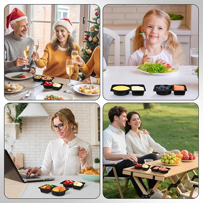 Double Compartment Snack Containers with Lids, 2 Compartment Condiment Container, Plastic Disposable Snack Pack Containers for Sauce, Salad, Food Storage Box(30PCS-Black)
