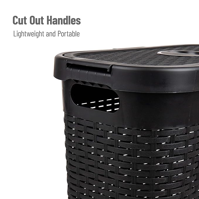 Mind Reader Slim Laundry Hamper with Lid, 40L Clothes Basket, Premium Wicker Design, Plastic, Set of 2, Black