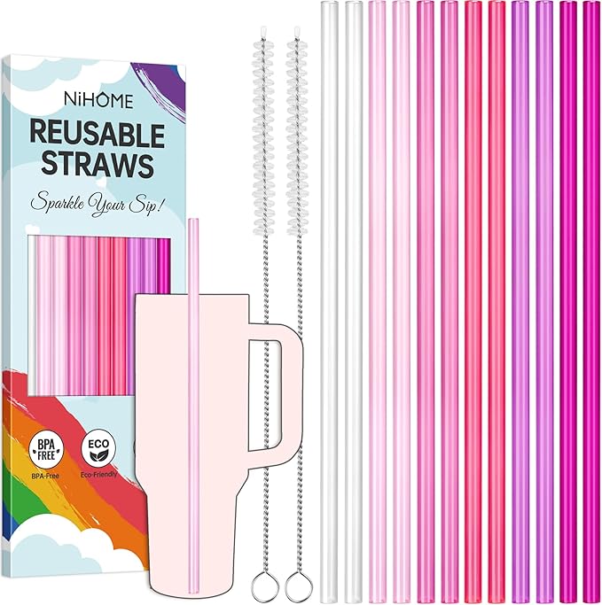 NiHome 12-Pack Plastic Reusable Drinking Straws for Stanley 40 oz 30oz 64 oz Tumbler, 6 Color 12 In Reusable Straws Fit for Stanley Cups w/ 2 Brushes, BPA-Free for Cold & Hot Beverages (Gradient Pink)