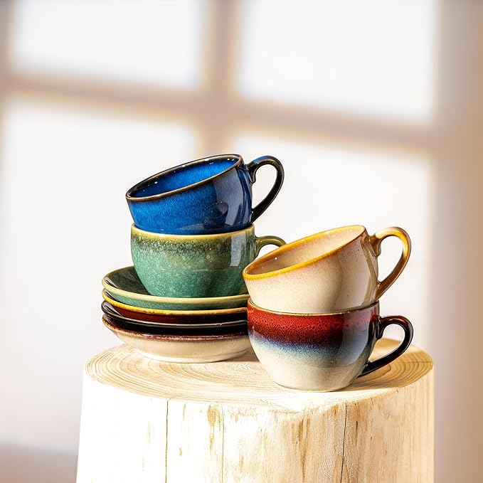 Porcelain Coffee Cup with Saucer Spoon, Vintage Design Ceramic Latte Art Cappuccino Barista Espresso Tea Cup with Saucer (11.6 oz, 350ml, Starry Blue)
