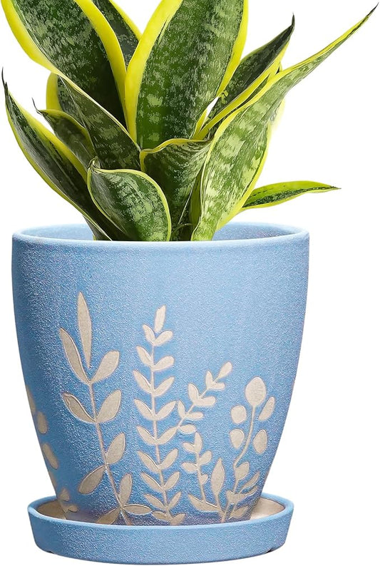 6 Inch Ceramic Plant Pot with Saucer - Small Flower Pot with Drainage for Succulents & Herbs, Boho Desk Home Office Room Decor, Plant Lovers Gifts, Blue