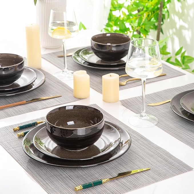 LeRatio Ceramic Dinnerware Sets for 6,Stoneware Plates and Bowls Sets,Handmade Reactive Glaze Dishes Set,Chip Resistant and Scratch Resistant | Oven&Dishwasher & Microwave Safe-Chestnut(18PCS)