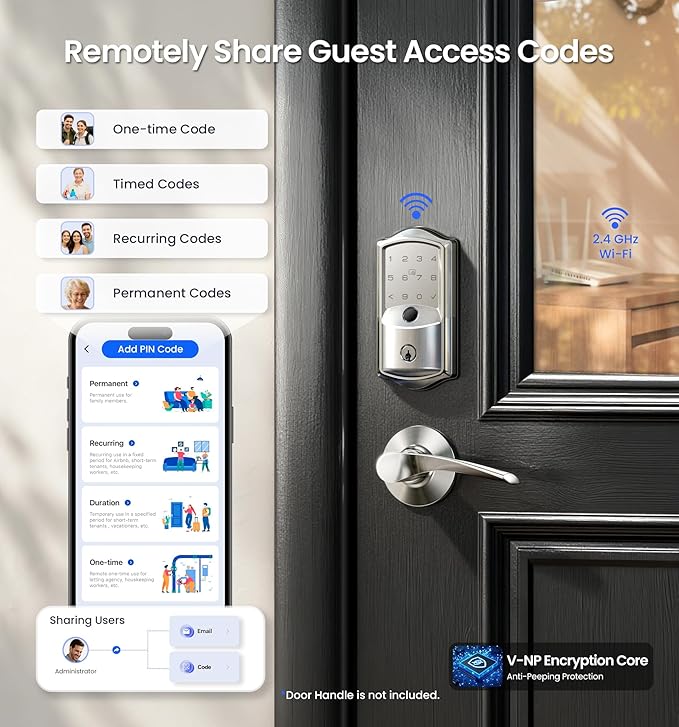 Veise VE027 Built-in Wi-Fi Smart Lock, Fingerprint Keyless Entry Front Door Lock, App Remote Control, No Hub Needed, Keypad Deadbolt, IP65 Waterproof, Auto Lock, BHMA Grade 3, Satin Nickel
