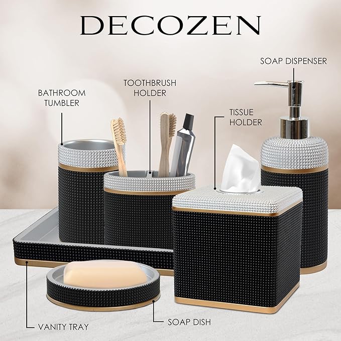 Decozen Bathroom Accessories Set 6Pcs – Soap Dispenser, Toothbrush Holder, Tumbler, Soap Dish & Cotton Swab Jar – Modern Bathroom Decor, Bath Set for Christmas Decor, Seiler