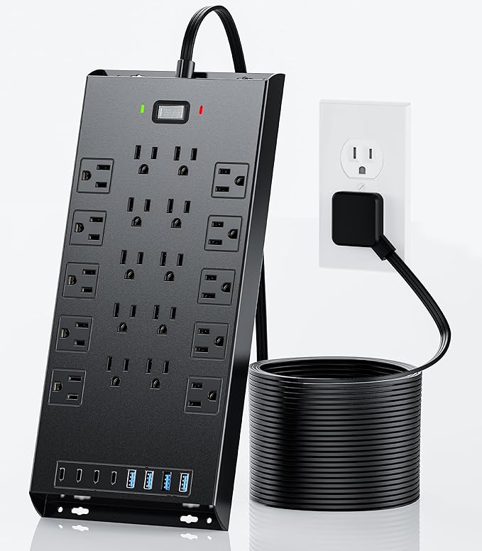 Surge Protector Power Strip 4800J, LeZone 10Ft Long Extension Cord Flat Plug, 20 Outlets 4 USB-A 4 USB-C Ports, Wall Mountable, Home Office Dorm Essentials, Black