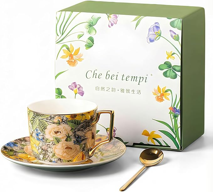 Exquisite Bone China Tea Cups and Saucer Set – Elegant Porcelain Tea Cups, Beautifully Detailed for Tea Lovers, Gift-Ready for Christmas, Hostess, Holiday Gift & Fall Decor