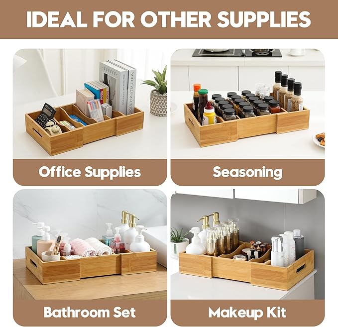 2 Pack Expandable Food Container Lid Organizers, Gift for Christmas Bamboo Lids Organizer Inside Cabinet with 3 Adjustable Dividers Groove Design, Food Storage Box Lid Holder for Kitchen Organization