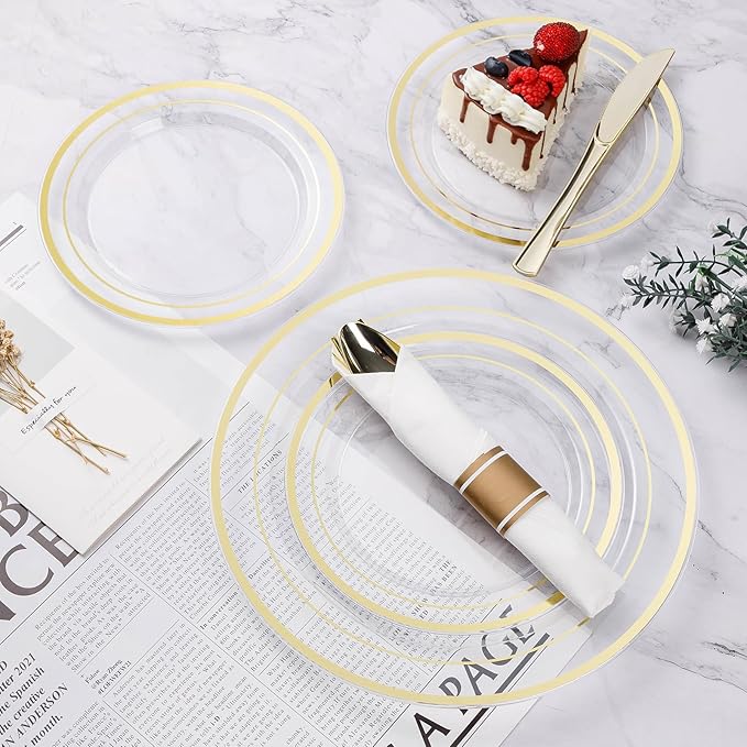 BESTVIP 700PCS Clear Gold Plastic Dinnerware Set for 100 Guests, Disposable Party Plate for Christmas and New Year, Include: 200 Plastic Plates, 100 Pre Rolled Napkins with Silverware, 100 Cups