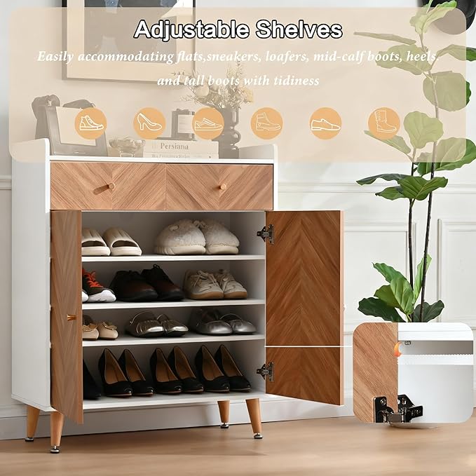 Shoe Storage Cabinet with 2 Doors, 20 Pairs Shoes Cabinet for Entryway with Adjustable Shelves and 2 Drawer, 31.5'' Wide Shoe Rack Shoe Organizer Cabinet for Entryway Living Room (White)