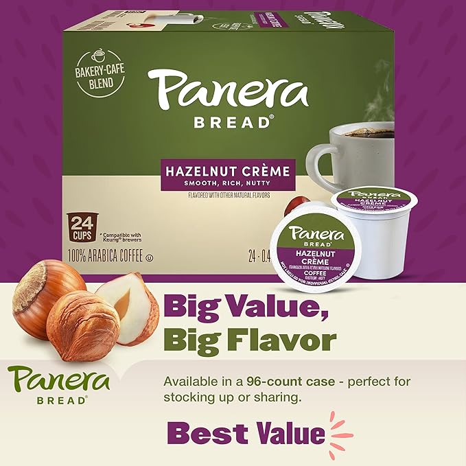 Panera Bread Hazelnut Crème Light Roast Coffee - Cafe-Quality Cup Pods, Smooth Buttery Flavor, 100% Arabica, No Artificial Ingredients, 96 Single Serve Pods (4 Packs of 24)