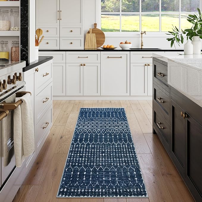 Lahome Moroccan Runner Rugs for Hallway - 2x4 Bathroom Rugs Non-Slip Small Throw Kitchen Carpet Low-Pile Mat for Entryway Laundry Room Mat Geometric Indoor Carpert for Entrance Bath (Blue,2'x4')