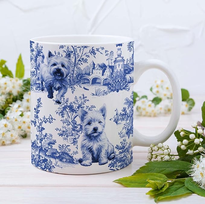 West Highland White Terrier Blue French Toile Mug, Westies Lover Gifts for Women, Blue Chinoiserie Toile Coffee Cup for Westie Mom, Dog Lovers Tea Coffee Mug Birthday Gifts for Dog Owners, 11oz