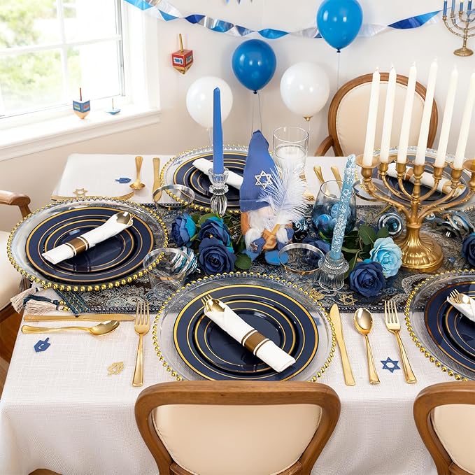 175PCS Blue and Gold Plastic Plates - Navy Blue Plates with Pre Rolled Napkins for Party - 25Guest Disposable Dinnerware Sets for Hanukkah/Party/Hanukkah/Wedding