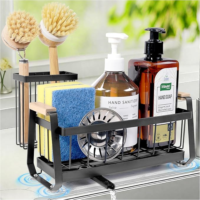 Kitchen Sink Organizer with Dish Brush Holder and Soap Sponge Holder, Stainless Steel Sink Caddy with Suction Cup, Non-Slip Dish Soap Organizer for Kitchen Countertop Storage Essentials