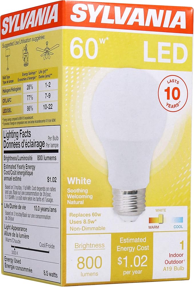 Sylvania A19 LED Light Bulb, 8.5W, 60W Equivalent, 10 Year, Non-Dimmale, 800 Lumens, 3000K, White (74733) (Pack of 1)