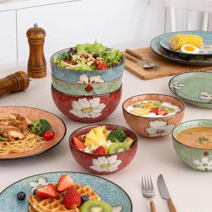 Stoneware 16-Piece Modern Dinnerware Set,Kitchen Plates Bowls and Mug Sets Serves 4,Dishwasher and Microwave Safe,4 colors (Service for 4(12Pcs))