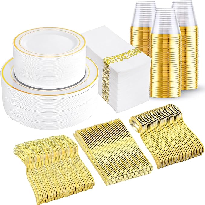 I00000 350Pcs Gold Dinnerware Set for 50 Guests, Gold Plastic Plates for Party, Include: 100 Disposable Plastic Plates, 50 Paper Napkins, 50 Cups, 50 Silverware Set Perfect for Party & Wedding