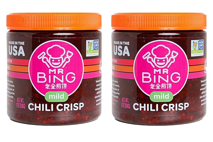 Mr Bing Chili Crisp - Delicious & Flavorful Chili Oil- Made in USA Chili Paste Hot Sauce - Gluten Free, Vegan, No MSG - Pack of 2 Mild (7 oz.) Jars