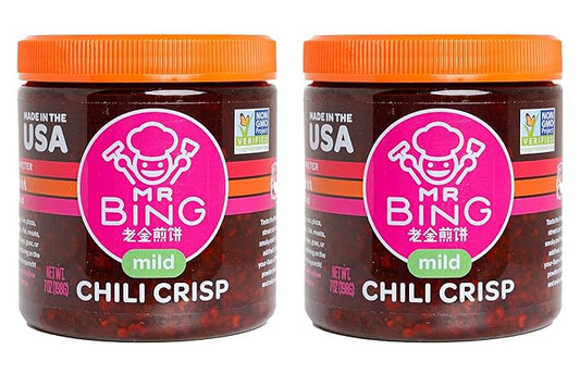 Mr Bing Chili Crisp - Delicious & Flavorful Chili Oil- Made in USA Chili Paste Hot Sauce - Gluten Free, Vegan, No MSG - Pack of 2 Mild (7 oz.) Jars