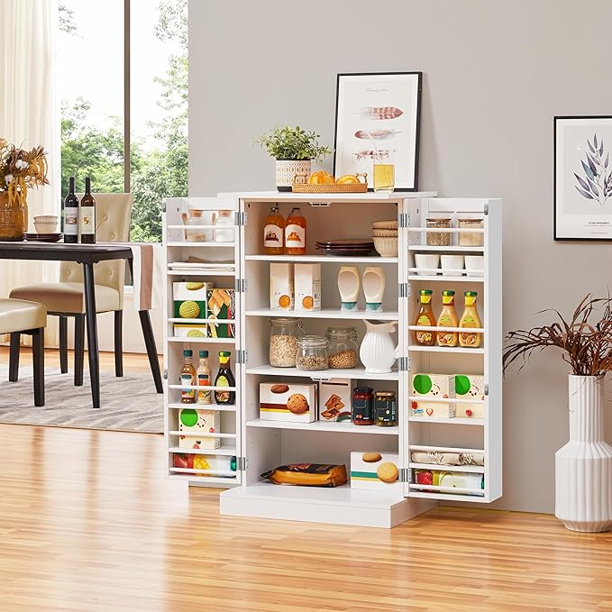 Yaheetech Kitchen Pantry Storage Cabinet, 41" Pantry Cabinets with Doors and 6 Adjustable Shelves, Freestanding Pantry Cupboard for Kitchen, Dining Room, Living Room, Small Place, White