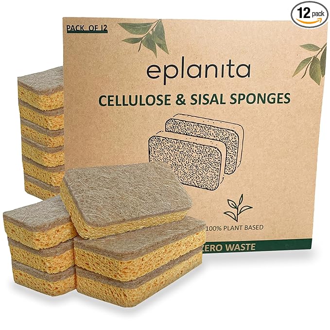 eplanita Natural Plant Based Scrub Sponges (12 Pack), Non-Scratch, Biodegradable Eco Scourers for Kitchen and Bathroom