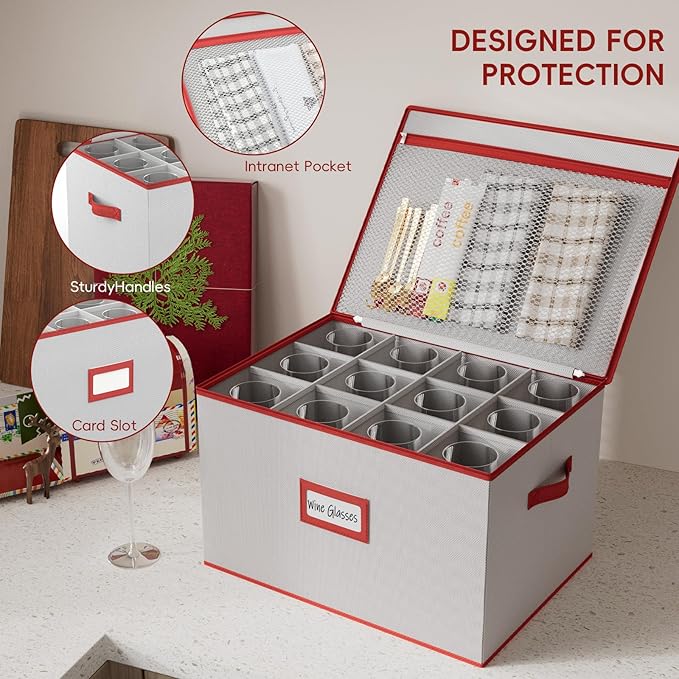 homyfort Wine Glass Storage Box with Dividers, China Stemware Storage Containers Hard Shell, Service for 12 Crystal Wine Glasses Or Goblet (Grey)