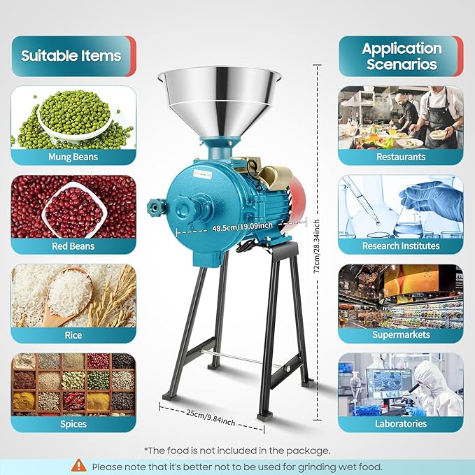 Electric Grain Mill Grinder, 2200W 110V Dry Corn Mill Grinders, Commercial Corn Grinding Machine w/Funnel & Adjustable Thickness, Rice Cereals Corn Feed Flour Coffee Wheat Mill