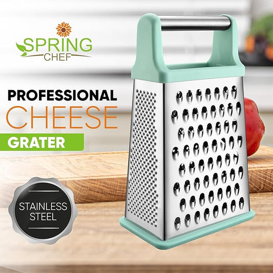 Spring Chef Professional Cheese Grater - Stainless Steel Box Grater for Kitchen, XL Size - Perfect 4 Sided Shredder for Parmesan Cheese, Vegetables, Ginger - Dishwasher Safe - Mint