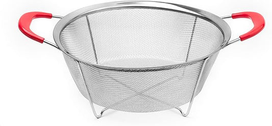 Hercules Chef by Mundial 9.8" Stainless Steel Colander Strainer with Red Silicone Handles – Heavy-Duty Fine Mesh for Pasta, Vegetables & Fruits – Dishwasher Safe Kitchen Essential