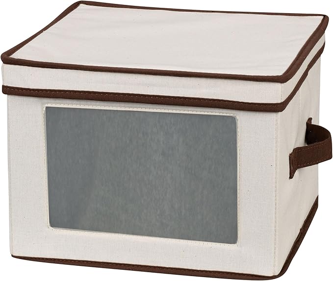Household Essentials 536 Dinnerware Storage Box with Lid and Handles | Storage Bin for Dinner Plates | Natural Canvas with Brown Trim