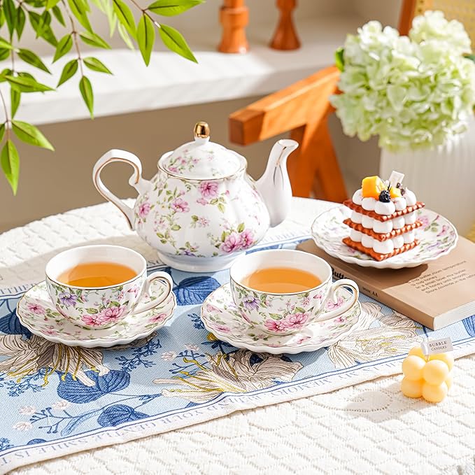 Tea Cup and Saucers, 6.4oz Floral Tea Cups with Gold Trim, Coffee Cappuccino Espresso Latte Mugs for Party Birthday,Christmas Gift (Pink and purple flowers)