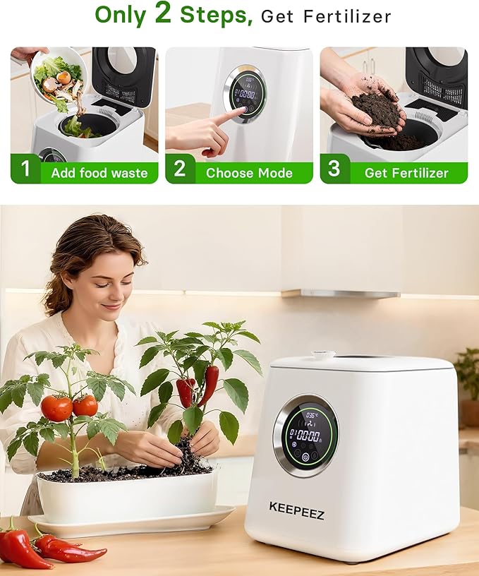 Smart Electric Composter for Kitchen, 3L Compact Mill Food Recycler with 4 Sharktooth Blades, One Touch Turns Waste into Fertilizer Within 2-10h, 0.5kWh Per Cycle, Odorless, Low Noise, Auto-Cleaning