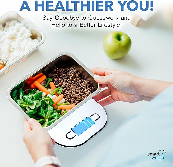 Smart Weigh Stainless Steel Digital Kitchen Scale for Cooking, Weight Loss, Calorie Tracking, Baking, Food Portion Control, and Meal Prep - Accurate Measurements in Grams and Ounces