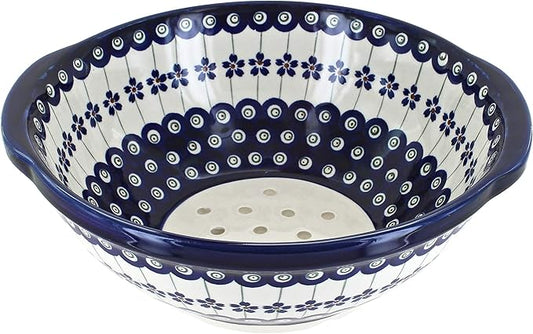 Blue Rose Polish Pottery - Blue Flowering Peacock Colander - 9.5" Diameter - Hand-Painted Polish Pottery Ceramic Kitchen Strainer with Handles