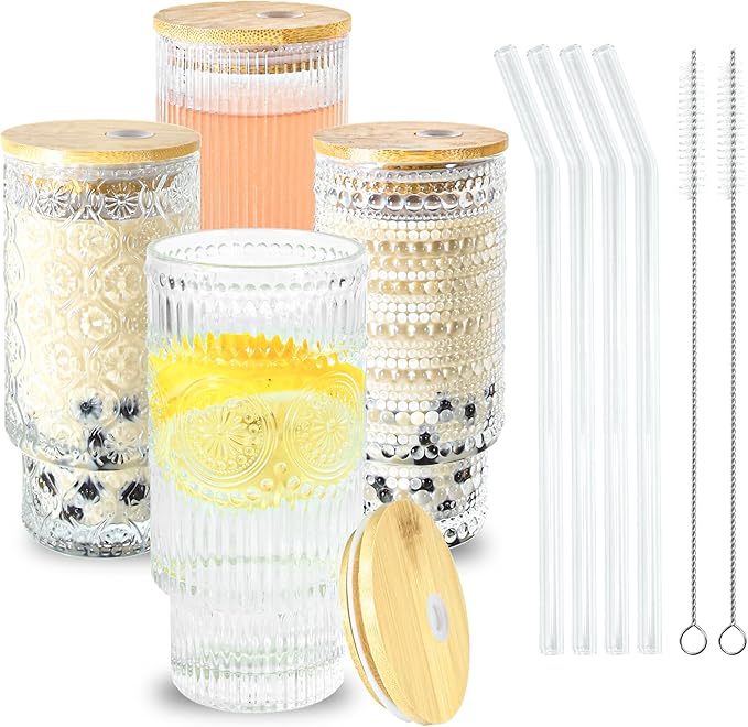 16oz Drinking Glasses Cups Set of 4 with Bamboo Lids Straws Brush Vintage Glassware Set for Mojito Iced Coffee Beer Cocktail Whiskey(Mixed)